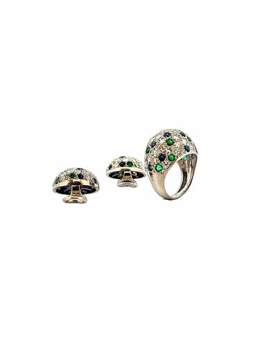 Bague 50 Bague et boucles d’oreilles en platine , diamants , saphirs , émeraudes 58 Facettes