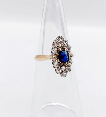 Bague 47 Bague marquise antique or rose 18k saphir synthétique taille coussin et diamants taille roses (circa 1900) 58 Facettes A05612