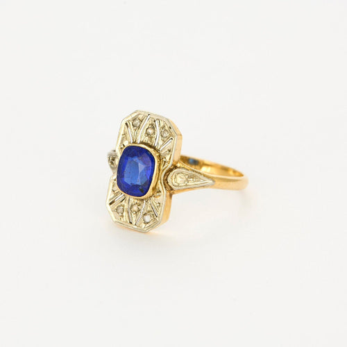 Bague 54 Bague style Art Déco or jaune et or blanc, saphir synthétique et diamants 58 Facettes GU213