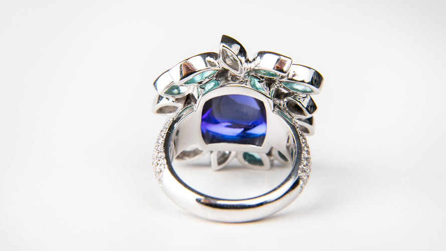 Bague 54 Bague Précieuse or blanc, tanzanite, tourmalines paraiba 58 Facettes Tanz 1