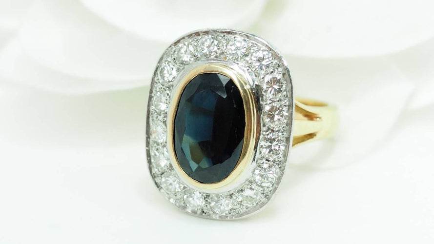 Bague 53.5 Bague pompadour en or bicolore, saphir et diamants 58 Facettes