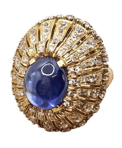Bague Bague vintage style trombino avec diamants saphir cabochon en or jaune 18 carats 58 Facettes