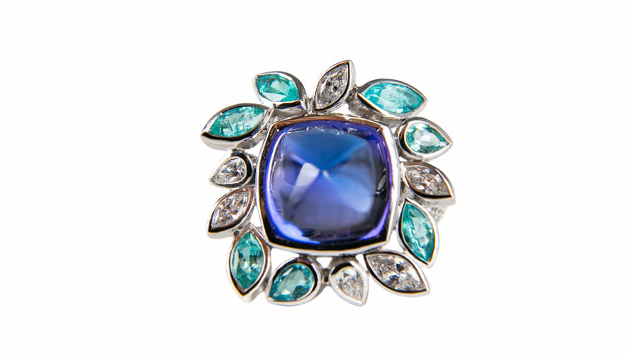 Bague 54 Bague Précieuse or blanc, tanzanite, tourmalines paraiba 58 Facettes Tanz 1