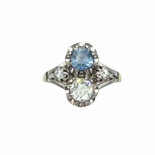 Bague 53 Bague ancienne Vous & Moi en or et platine, diamants et saphir 58 Facettes