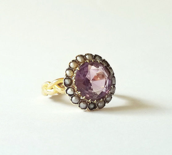 Bague 56 Bague ancienne or jaune 18k - Améthyste et Perles 58 Facettes