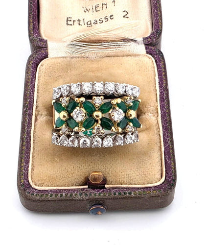 Anello fascia anni 70' oro giallo con smeraldi e diamanti 58 Facettes