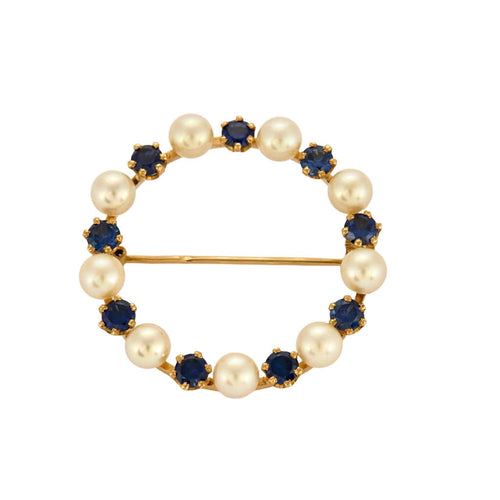 Broche couronne or jaune, perles et saphirs