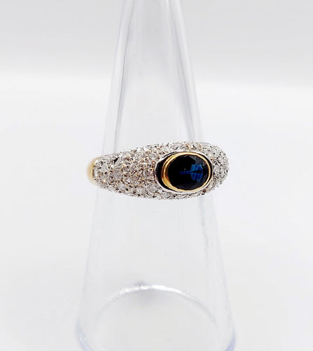 Bague jonc vintage or jaune 18k saphir naturel et pavé de diamant