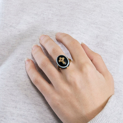 Bague 55 Bague agathe, or jaune et diamants 58 Facettes GU155