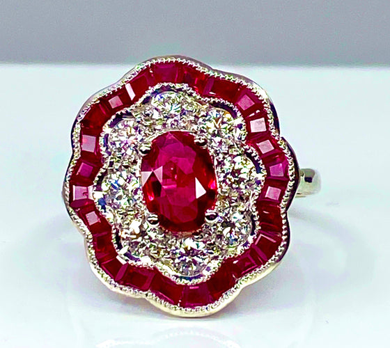 Bague 51 Bague marguerite en or blanc 18 carats en rubis et diamants 58 Facettes AB215