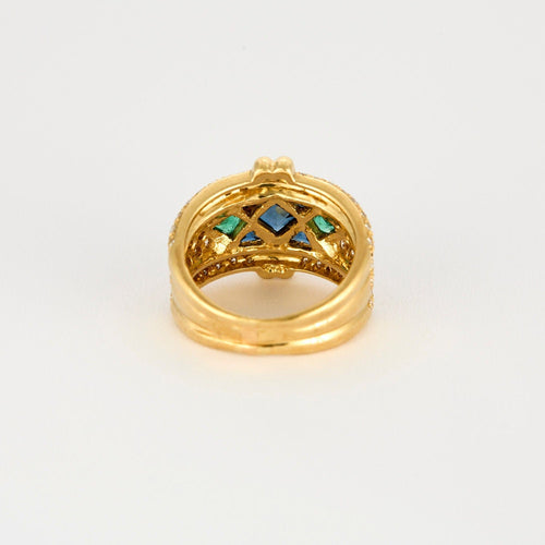 Bague 50 Bague bandeau or jaune, saphirs, émeraudes et diamants 58 Facettes ALGU32