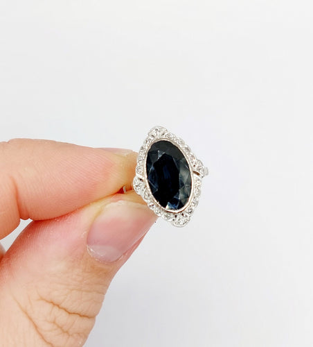 Bague 50 Bague pompadour art déco en platine, saphir 4,30 carats et diamants tailles anciennes 58 Facettes A06672