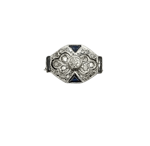Bague 57 Bague Art Déco octogonale en or gris sertie de diamants et saphirs 58 Facettes