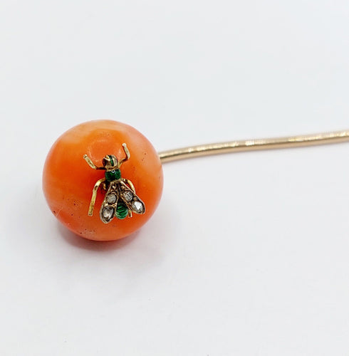 Broche Epingle antique à foulard or rose 18k corail, abeille et diamants (circa 1890) 58 Facettes A06220