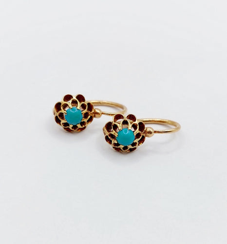 Boucles d'oreilles Dormeuses or jaune, cabochons de turquoises sur monture en fleur (circa 1900) 58 Facettes A05448