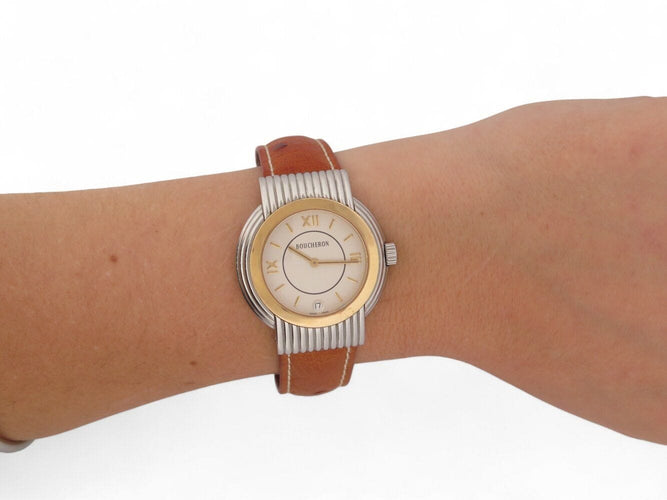 Montre montre BOUCHERON solis or 18k & acier bracelet croco autruche quartz 58 Facettes 270502