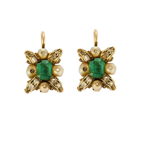 Boucles d'oreilles Boucles d'oreilles dormeuses, émeraude, roses diamantées et perles 58 Facettes EVR2622