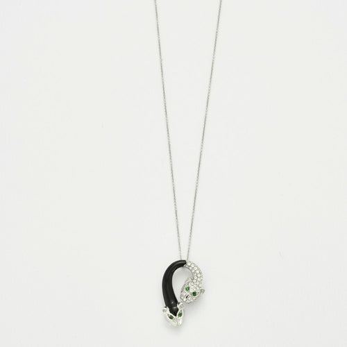 Collier Collier en or blanc avec Pendentif Panthère en Émail Noir avec Diamants et Tsavorite 58 Facettes 3278