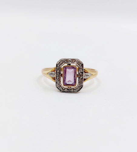 Bague 55 Bague pompadour or jaune, platine, améthyste et diamants taille rose (circa 1910) 58 Facettes A05298