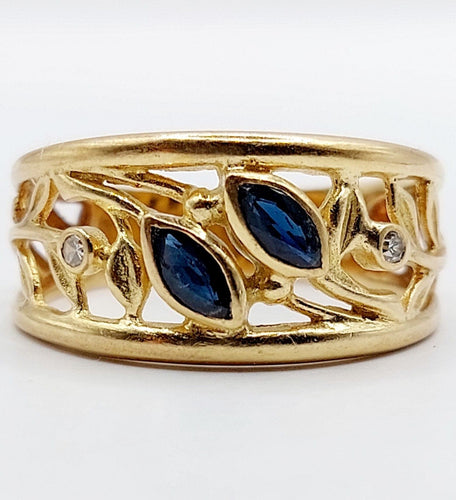 Bague 55 Bague bandeau art nouveau or 18k ornée de saphirs navette, de diamants et de décorations fleuries 58 Facettes A04687