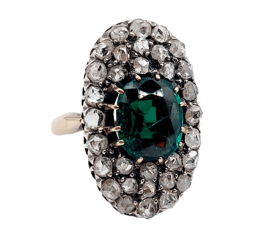 Bague 54 Bague marquise antique en or rose 18k et argent, doublet grenat vert et diamants 58 Facettes A06674