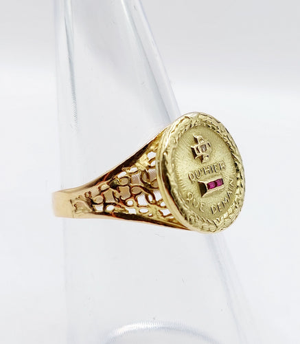 Bague 52 AUGIS - Bague médaille amour or jaune couronne de lauriers ornée de rubis et de diamant (circa 1958) 58 Facettes A04959