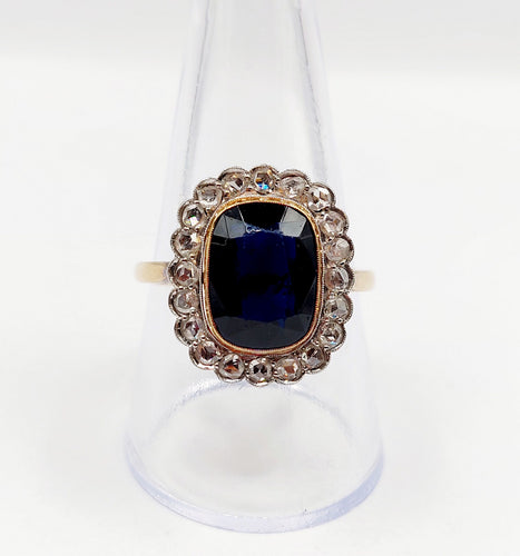 Bague 59 Bague pompadour art deco or jaune 18k pierre bleue et diamant taille rose (circa 1900) 58 Facettes A06202