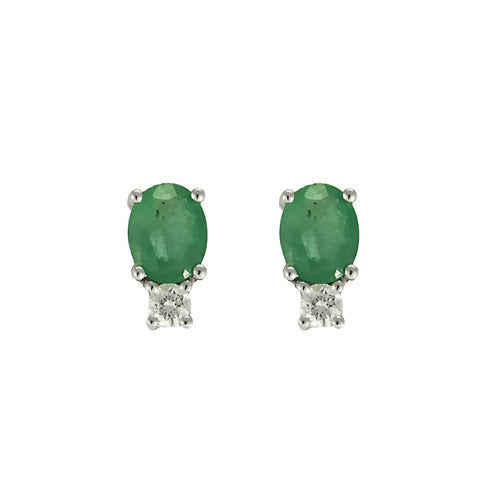 Boutons d'oreilles en or gris, diamants et petites émeraudes ovales facettées