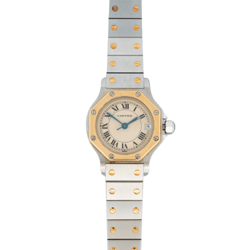 Montre Cartier - Montre Santos Octagone cadran crème chiffres romains acier et or jaune 58 Facettes