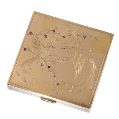 Boîte à poudre de nez en argent français avec miroir intérieur et décor en or et rubis d'oiseaux de paradis 58 Facettes 21020-0179