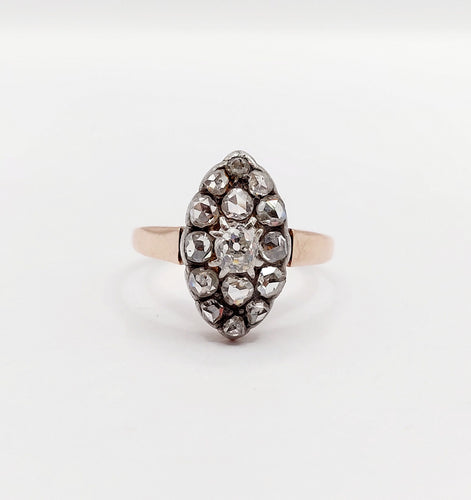 Bague 54 Bague marquise antique en or rose 18k et argent, diamant et diamants roses 58 Facettes A06417