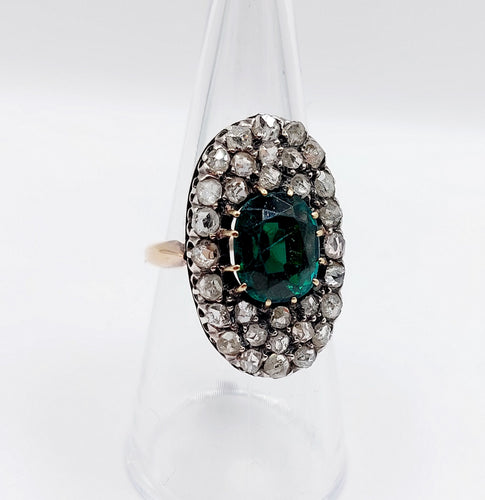 Bague 54 Bague marquise antique en or rose 18k et argent, doublet grenat vert et diamants 58 Facettes A06674