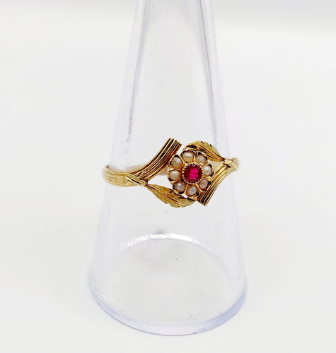 Bague 60 Bague fleur Art nouveau en or 18k, pierre rouge et perles (circa 1900) 58 Facettes A06426