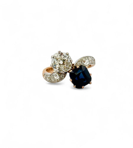Bague 51 Bague ancienne Toi et Moi saphir de Siam et diamants 58 Facettes