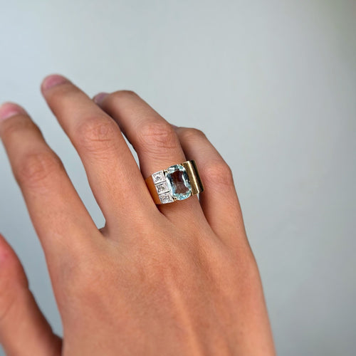Bague 52 Bague Tank - Or bi-colore, Aigue-Marine et Diamants 58 Facettes 250313R