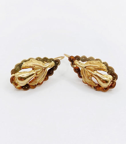 Boucles d'oreilles Dormeuses victoriennes XXL or jaune formant une feuille et un fruit finement ciselés (circa 1900) 58 Facettes A04930