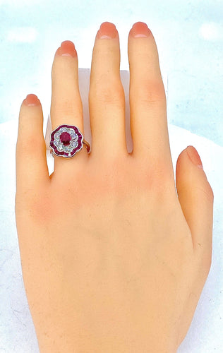Bague 51 Bague marguerite en or blanc 18 carats en rubis et diamants 58 Facettes AB215