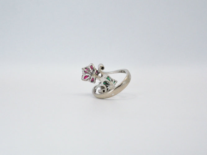 Bague 53 Bague fleurs or blanc rubis émeraudes 58 Facettes 5196
