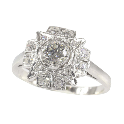 Bague 51 Bague de fiançailles Art déco vintage en diamant, vers 1920 – Élégance classique en platine 58 Facettes 23137-0327