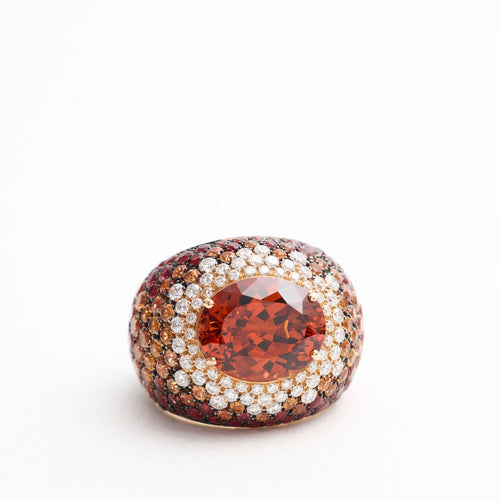 BAGE GRENAT "MANDARIN" DIAMANTS ET SAPHIRS DE COULEUR EN OR JAUNE 18K
