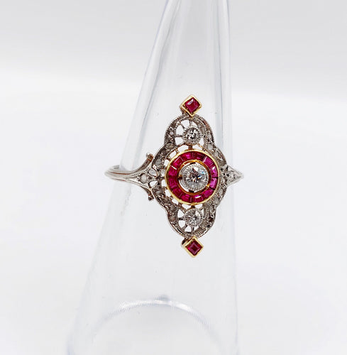 Bague 51 Bague marquise Art déco en platine, diamants taille ancienne et rubis synthétiques 58 Facettes A06548