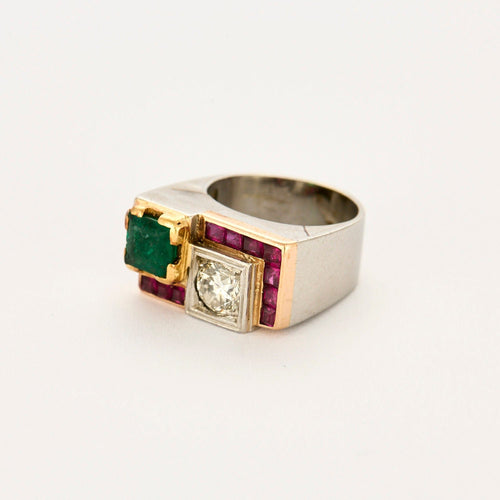 Bague 47.5 Bague Tank platine, or jaune, rubis, émeraude et diamants 58 Facettes 250212