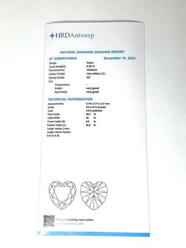 Diamant 0,50ct taille cœur certifié HRD 58 Facettes