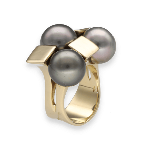 Bague 56 Bague Tank Moderne – Or Jaune 18k – 3 Perles Grises Mers du Sud 11.6 mm – Taille 56 58 Facettes FB10901