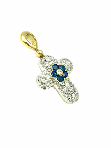 Pendentif Croix 2 Ors 18K Saphir et Diamants