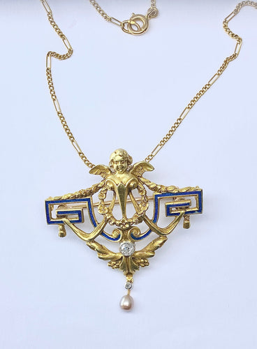Broche Broche en or jaune 18 carats, ange, émail, diamants et perle. 58 Facettes AB557