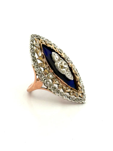 Bague Belle Époque marquise or et argent, diamants anciens