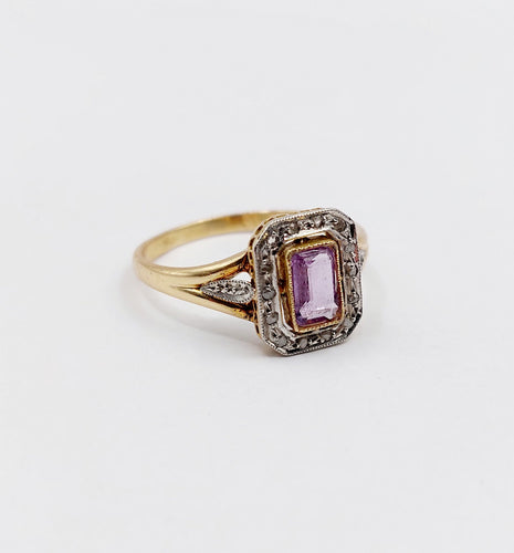 Bague 55 Bague pompadour or jaune, platine, améthyste et diamants taille rose (circa 1910) 58 Facettes A05298