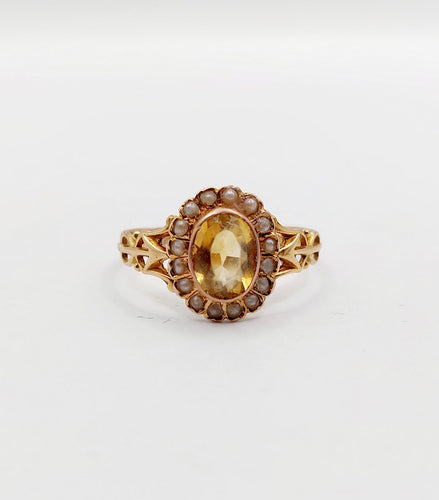 Bague 56 Bague marguerite antique citrine et perles en or rose 18k (circa 1900) 58 Facettes A01952