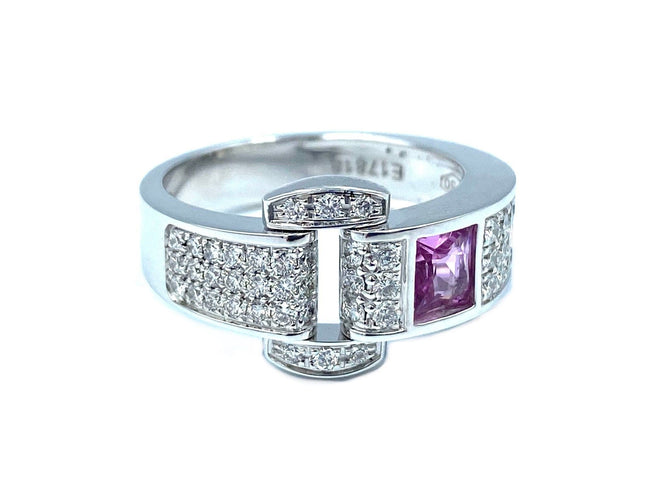Bague 57 PIAGET. Miss Protocole, bague or blanc, saphir rose et diamants 58 Facettes